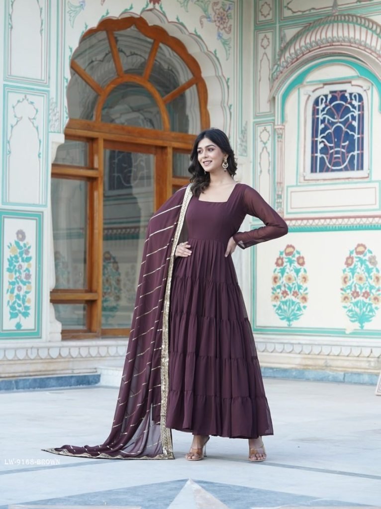brown attractive full sleeve d 1715071617 Brown Attractive Full Sleeve Designer Faux Georgette Gown