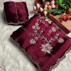 Maroon Attractive Multi Work And Khatli Cut Work Zimmy Choo Sare