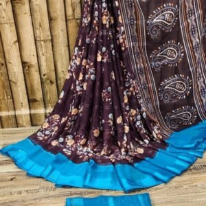 Brown Color Beautiful Chiffon Jari Sarees with Flower Print