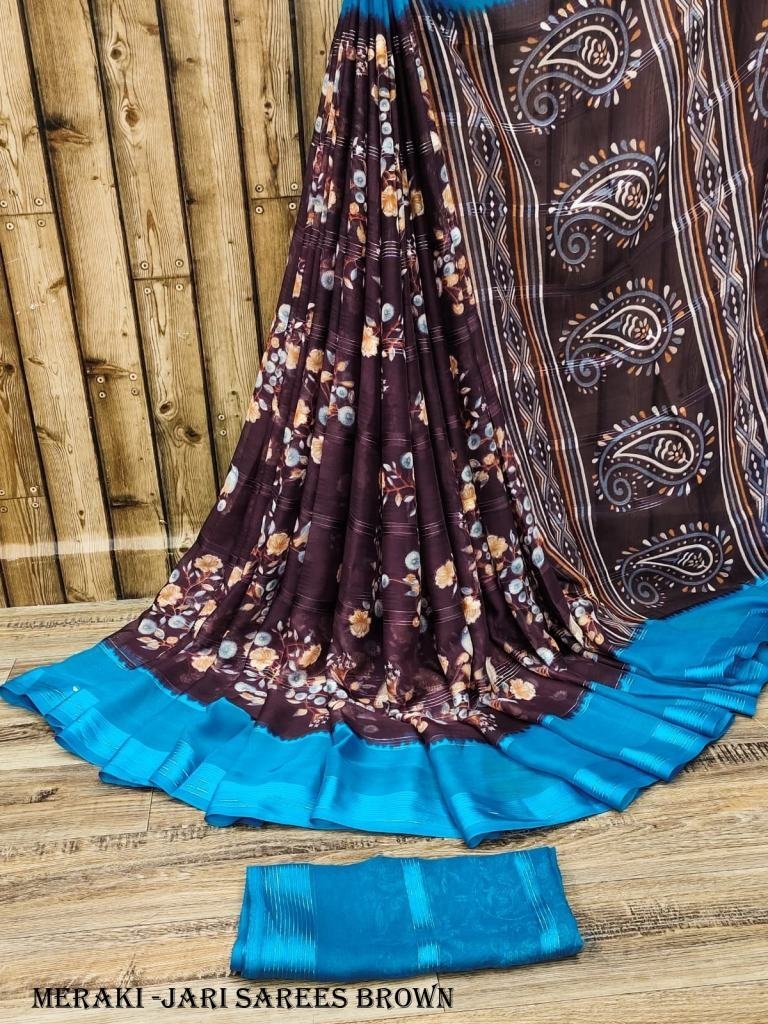 brown color beautiful chiffon 1717235991 Brown Color Beautiful Chiffon Jari Sarees with Flower Print