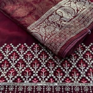 Brown Designer Border Embroidered Georgette Saree With Heavy Unstitch Blouse