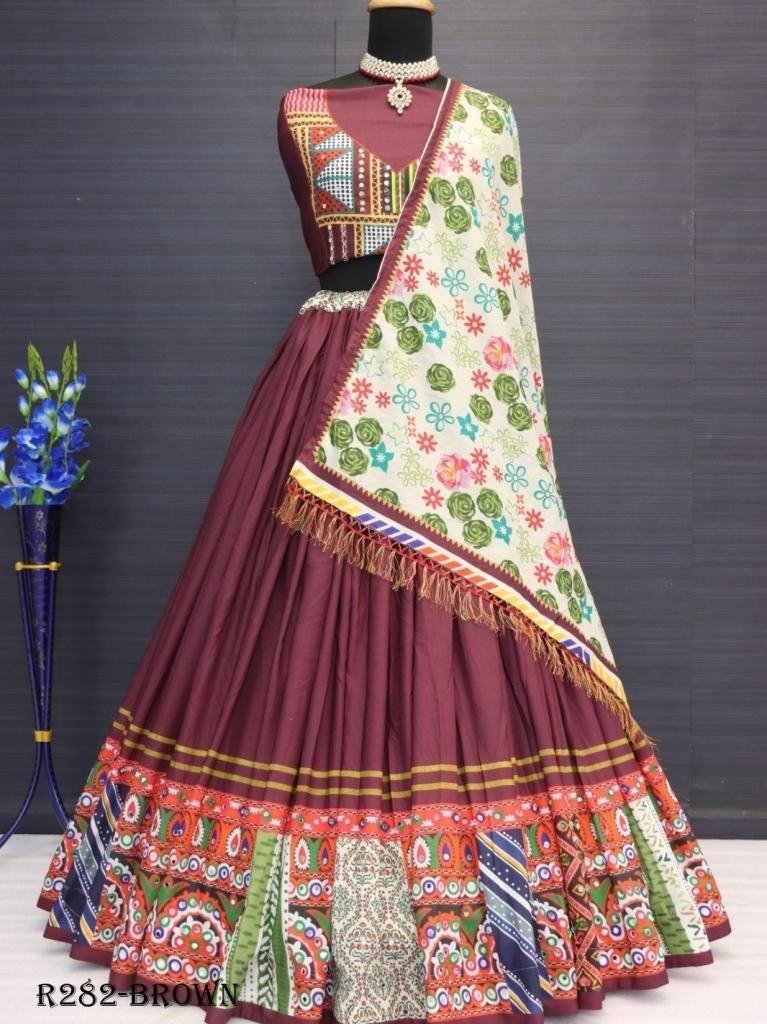 brown digital printed muslin c 1725704508 Brown Digital Printed Muslin Cotton Lehenga Choli