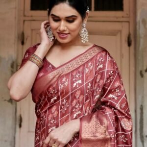 Brown Digital Printed Rich Pallu Pure Silk Saree With Dual Tone Tassels