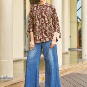 Brown Office Wear Floral Printed Rayon Top