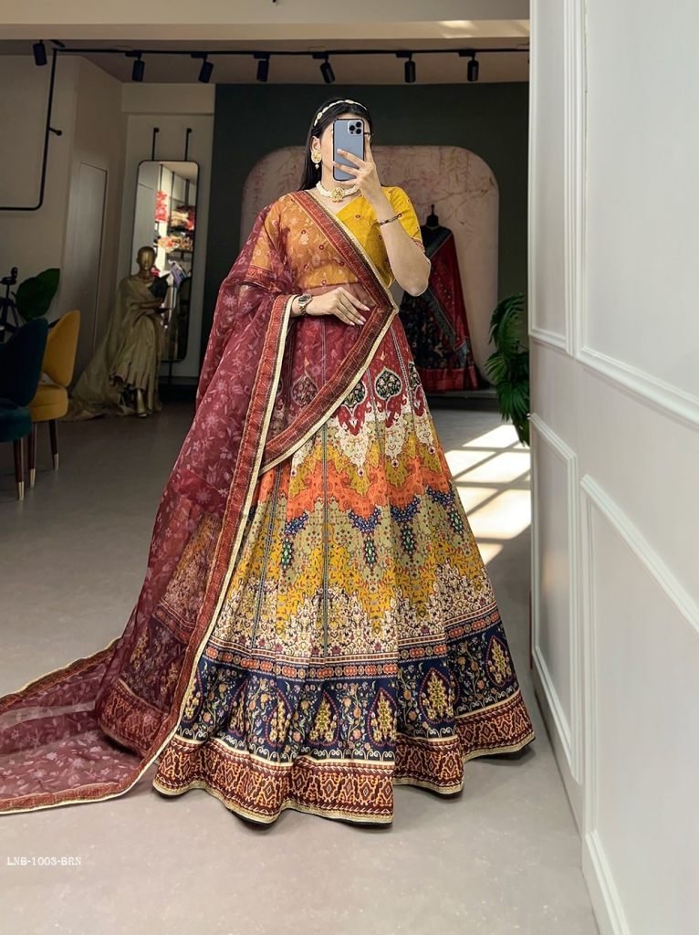 brown printed and sequence vai 1712741556 Brown Printed And Sequence Vaishali Silk Lehenga
