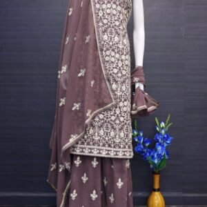 Brown Pure Georgatte Kurti Plazzo Set For Women