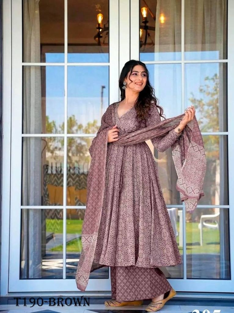 brown pure muslin with kurti d 1720500799 Brown Pure Muslin With Kurti Pant Dupatta Set For Womens