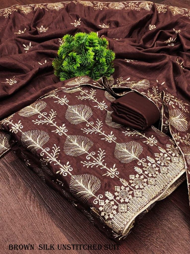 brown vichitra silk unstitched 1717146595 Brown Vichitra Silk Unstitched Salwar Suit Set