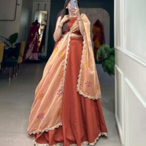 BRT Plain Viscose Chanderi Lehenga With Organza Printed Dupatta