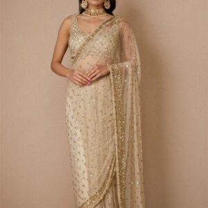 Butterfly Soft Net Sequence Work White Saree