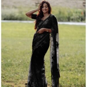 Buy Black Soft Net With Embroidery Work Saree