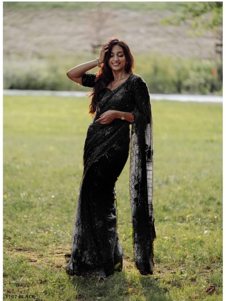 buy black soft net with embroi 1720088690 Buy Black Soft Net With Embroidery Work Saree