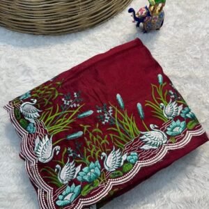 Buy Dark Red Embroidery Work Tussar Silk Saree