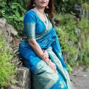 Buy Indian Sky Blue Soft Lichi Slik Banarasi Saree