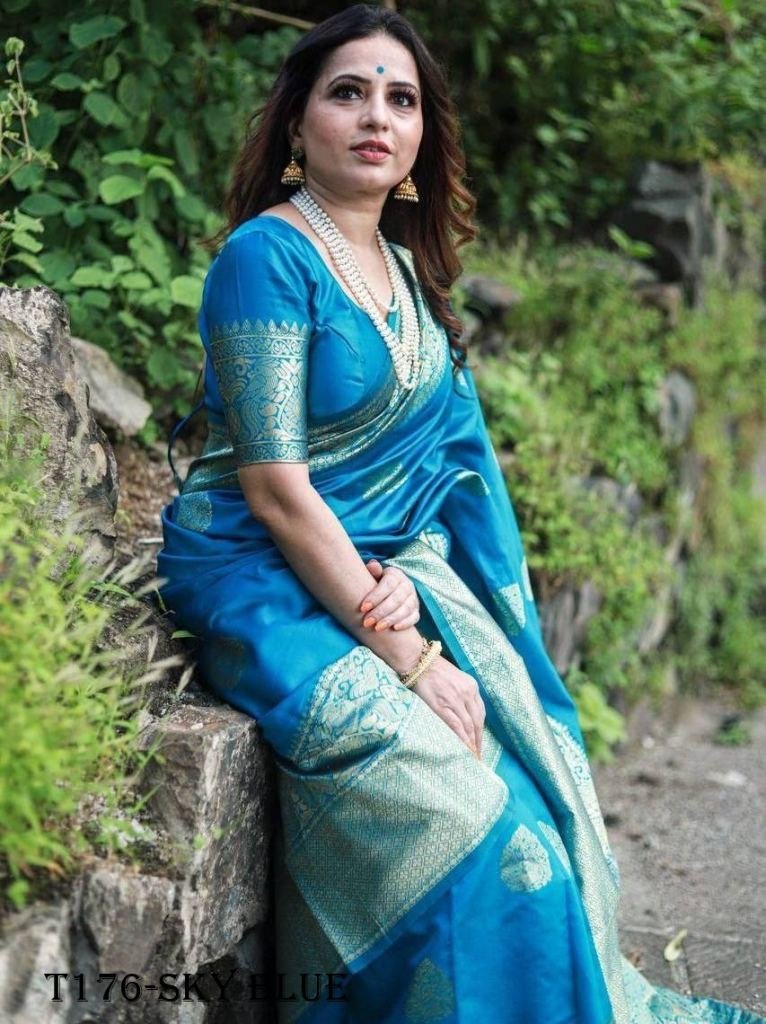 buy indian soft sky blue lichi 1720256236 Buy Indian Sky Blue Soft Lichi Slik Banarasi Saree