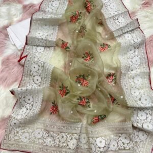 Buy Online Site Green Organza Silk Saree With Chikankari Work