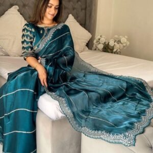 Buy Online Site Sea Green Handwork Pure Jimmy Choo Satin Saree