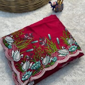 Buy Red Embroidery Work Tussar Silk Saree