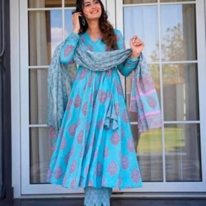 Buy Sky Blue Pure Muslin With Kurti Pant Dupatta Set