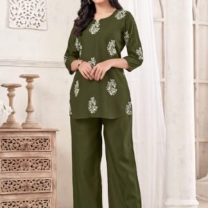 Casual Wear Green Chinon Co ord Set