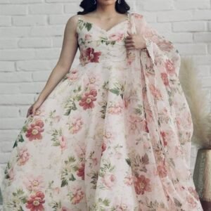 Ceramic Floral White Flower Printed Kurti With Dupatta