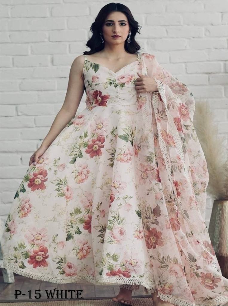 ceramic floral white flower pr 1718175355 Ceramic Floral White Flower Printed Kurti With Dupatta