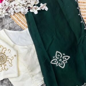 Green Handcrafted Malai Silk Saree With Handwork Stitched Blouse