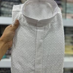 Chikan Work Rayon White Kurta Pyjama