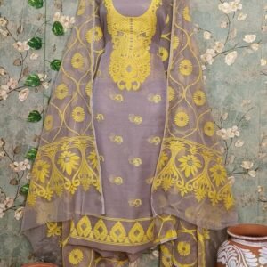 Chiku And Yellow Designer Dhakai Jamdani Dress Material