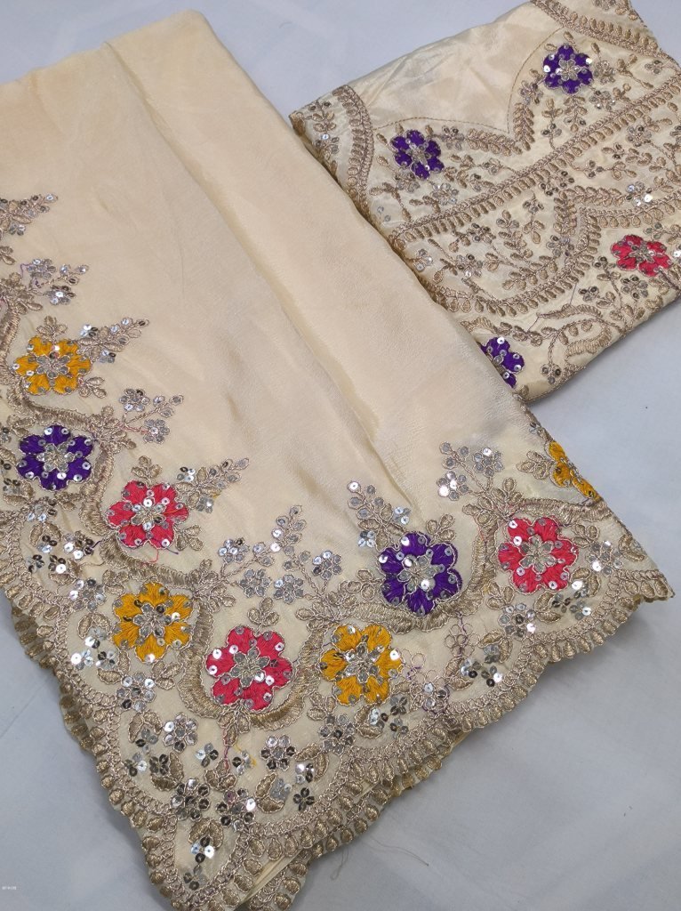 chinnon silk with multi thread 1713432784 Chinnon Silk With Multi Thread Embroidery saree with Sequence Blouse