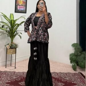 Chinon Embroidery Work Black Three Piece Indo Western Set