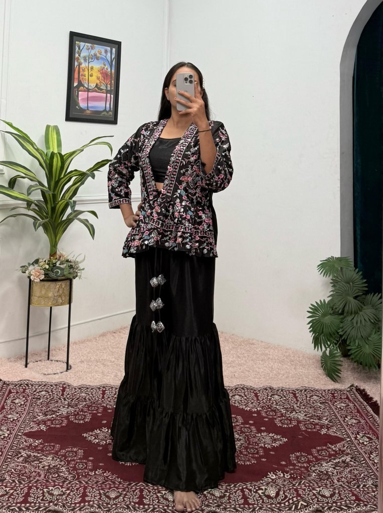 chinon embroidery work black t 1742649840 Chinon Embroidery Work Black Three Piece Indo Western Set