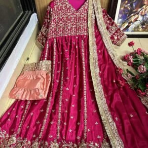 Chinon Silk Rani Pink Sequins Embroidery Work Sharara Suit