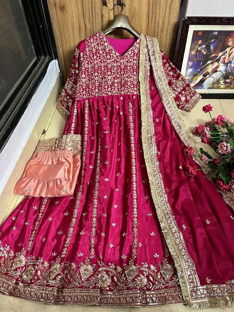 chinon silk rani pink sequins 1735208712 Chinon Silk Rani Pink Sequins Embroidery Work Sharara Suit