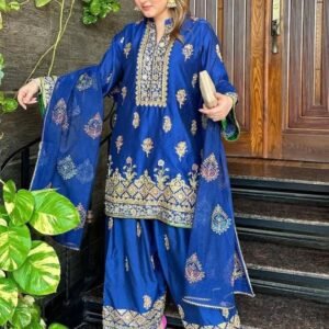 Chinon Silk Sequence Embroidery Blue Kurti Palazzo Set