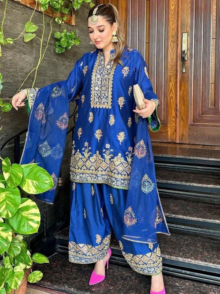 chinon silk sequence embroider 1747132702 Chinon Silk Sequence Embroidery Blue Kurti Palazzo Set