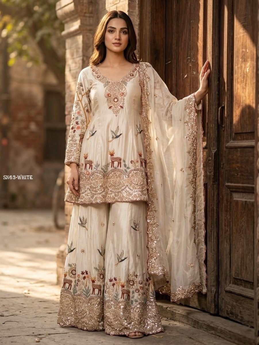 chinon silk sharara suit with 1774439714 Chinon Silk Sharara Suit With Sequence Work Dupatta For Women