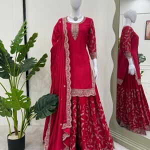 Chinon Silk With Thread Work Red Sharara Suit
