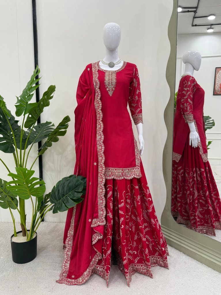chinon silk with thread work r 1742551825 Chinon Silk With Thread Work Red Sharara Suit