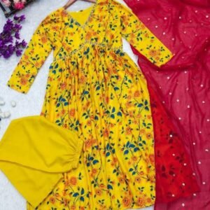 Chinon Yellow Hand Work Kurti Pant Set With Dupatta