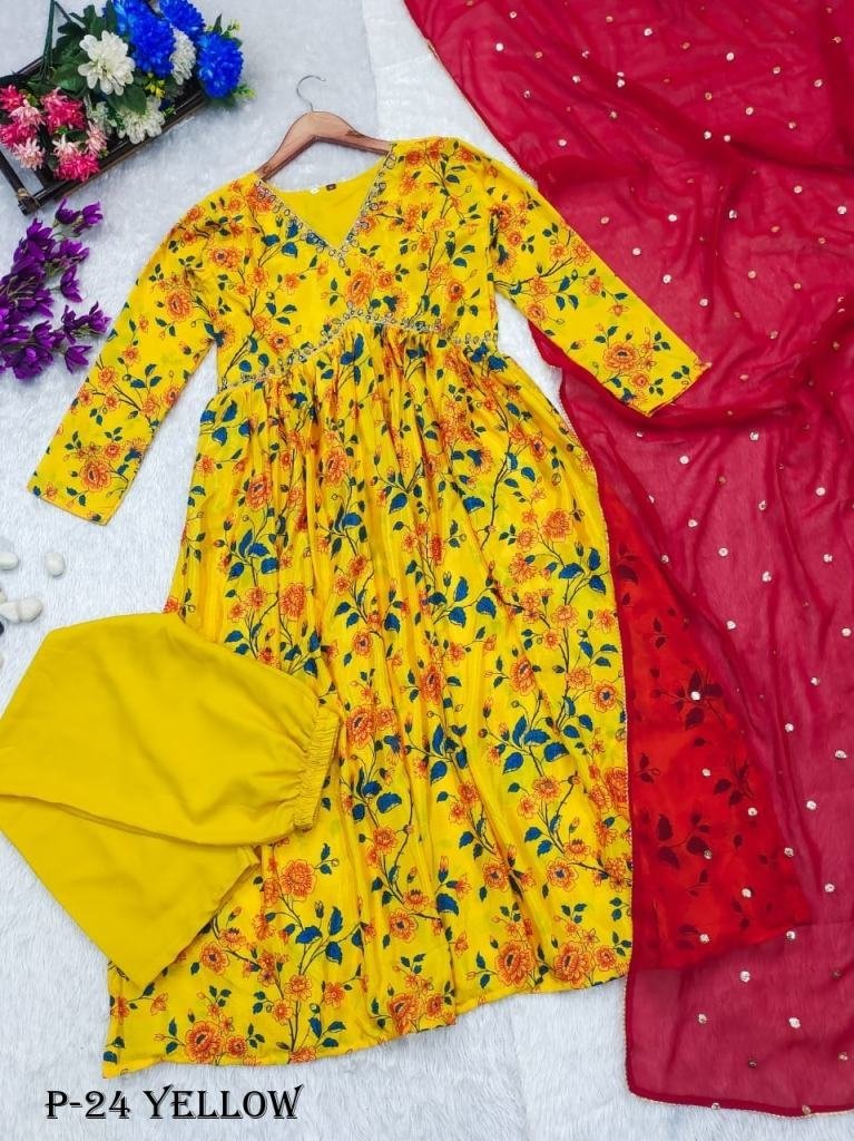 chinon yellow hand work kurti 1718345024 Chinon Yellow Hand Work Kurti Pant Set With Dupatta