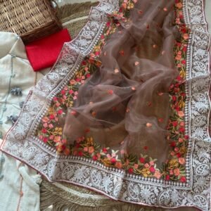 Coffee Color Embroidery Work Organza Silk Saree