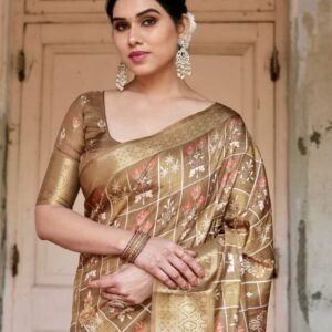 Coffee Digital Printed Rich Pallu Pure Silk Saree With Dual Tone Tassels