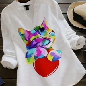 Colorful Cat Digital Print Rayon White Ladies Top