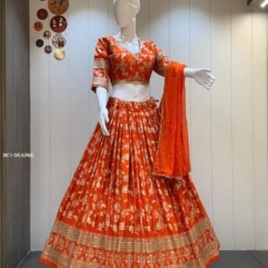 Computerized Sequence Work Orange Dola Silk Lehenga