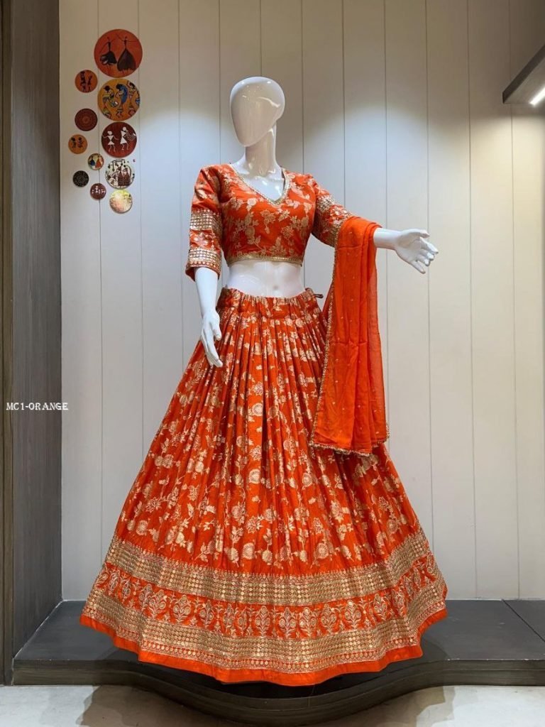 computerized sequence work ora 1765274882 Computerized Sequence Work Orange Dola Silk Lehenga