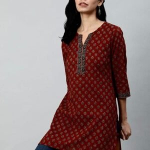 Cotton Casual Red Kurti With Printed Work