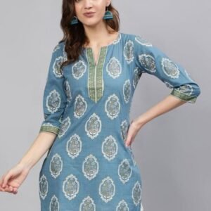 Cotton Casual Sky Blue Kurti With Printed Work