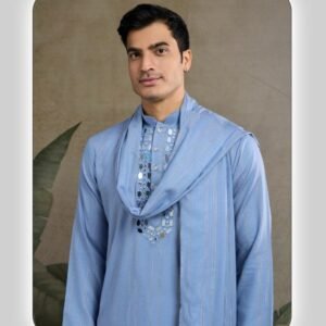 Cotton Fabric Dusty Sky Blue Mens Kurta With Dupatta