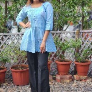 Cotton Fabric With Thread Work Sky Blue Ladies Short Top